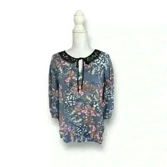 LC Lauren Conrad Floral Peasant Peter Pan Lace Collar 3/4 Sleeve Blouse XS​ - Picture 1 of 5
